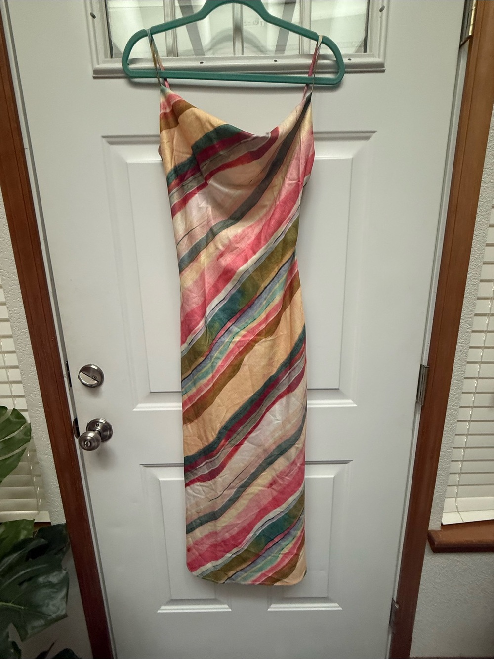Commense Multicolor Striped Satin Slip Dress - Pink, Green, Gold